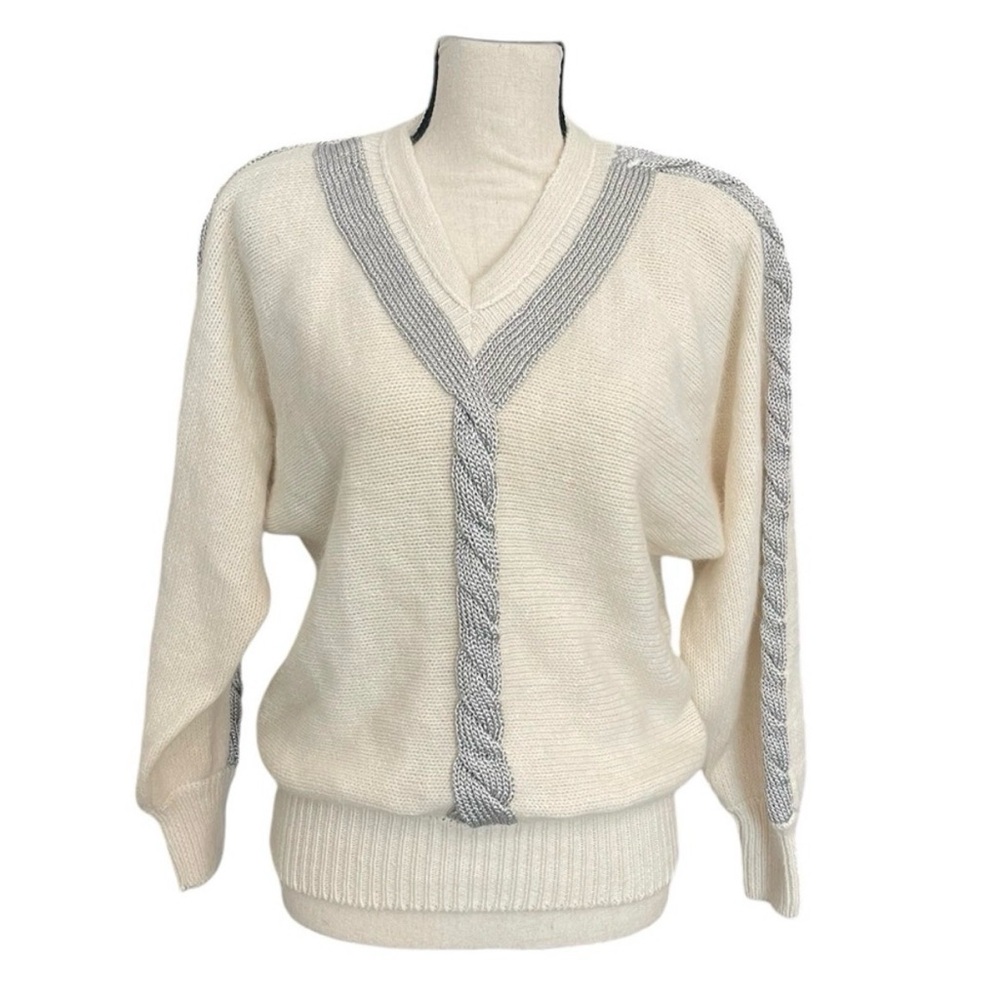 Vintage 80’s angora wool sweater silver braided detail medium
